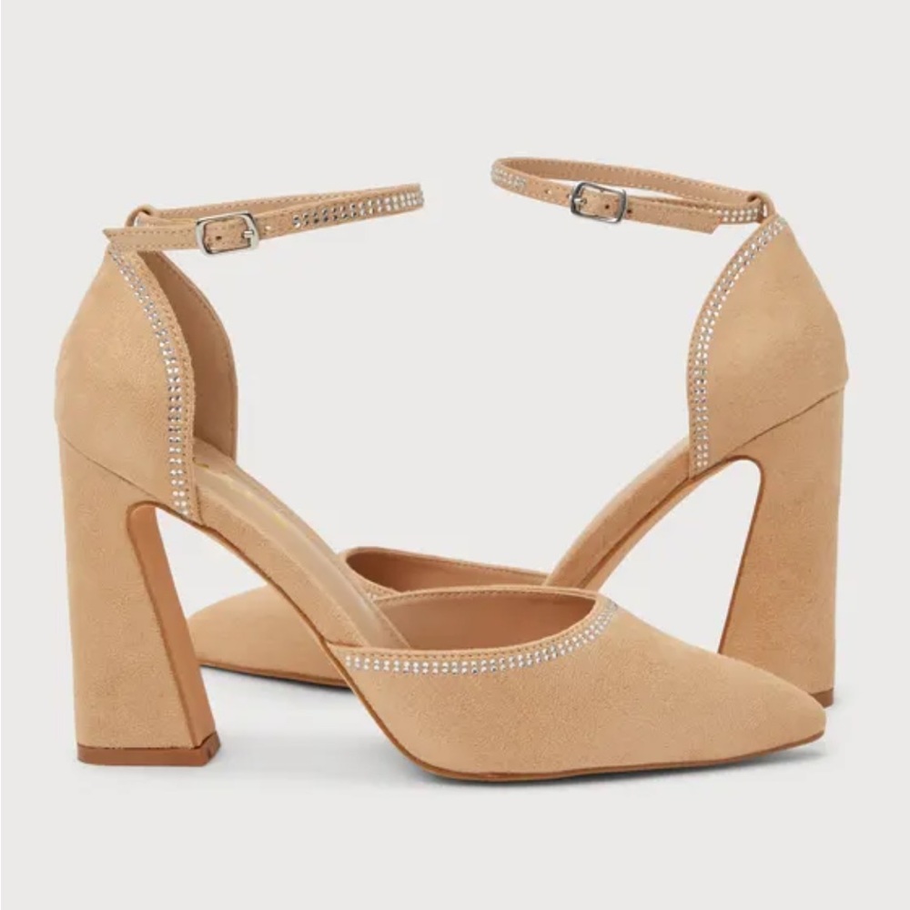 Light Nude Suede Rhinestone Pointed-Toe Pumps - Picture 3 of 3